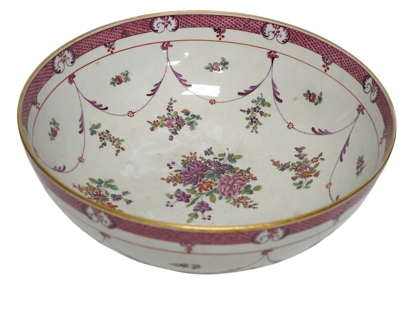 A 19th century Samson famille rose bowl, 32cm diameter. Condition - slight wear to gilding